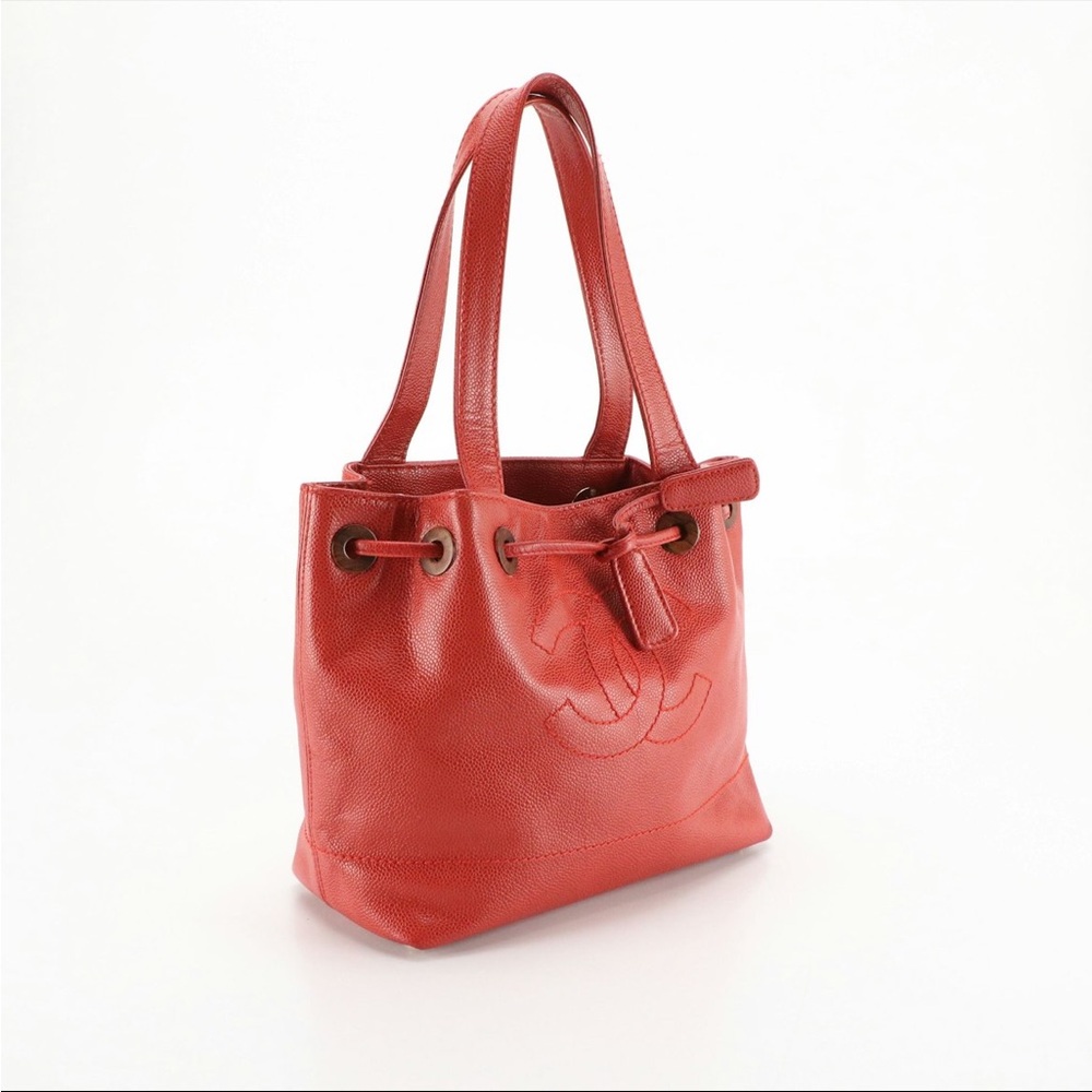 Vintage Chanel Mark Drawstring Tote Bag Red Caviar Leather - 2000s